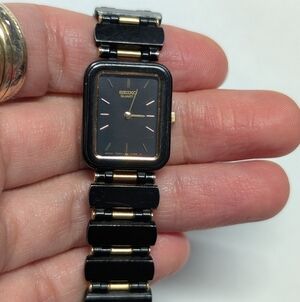 NOS Neo Vintage 1980s Seiko 7320-5980 Two Tone Black Gold Tank Quartz Rare